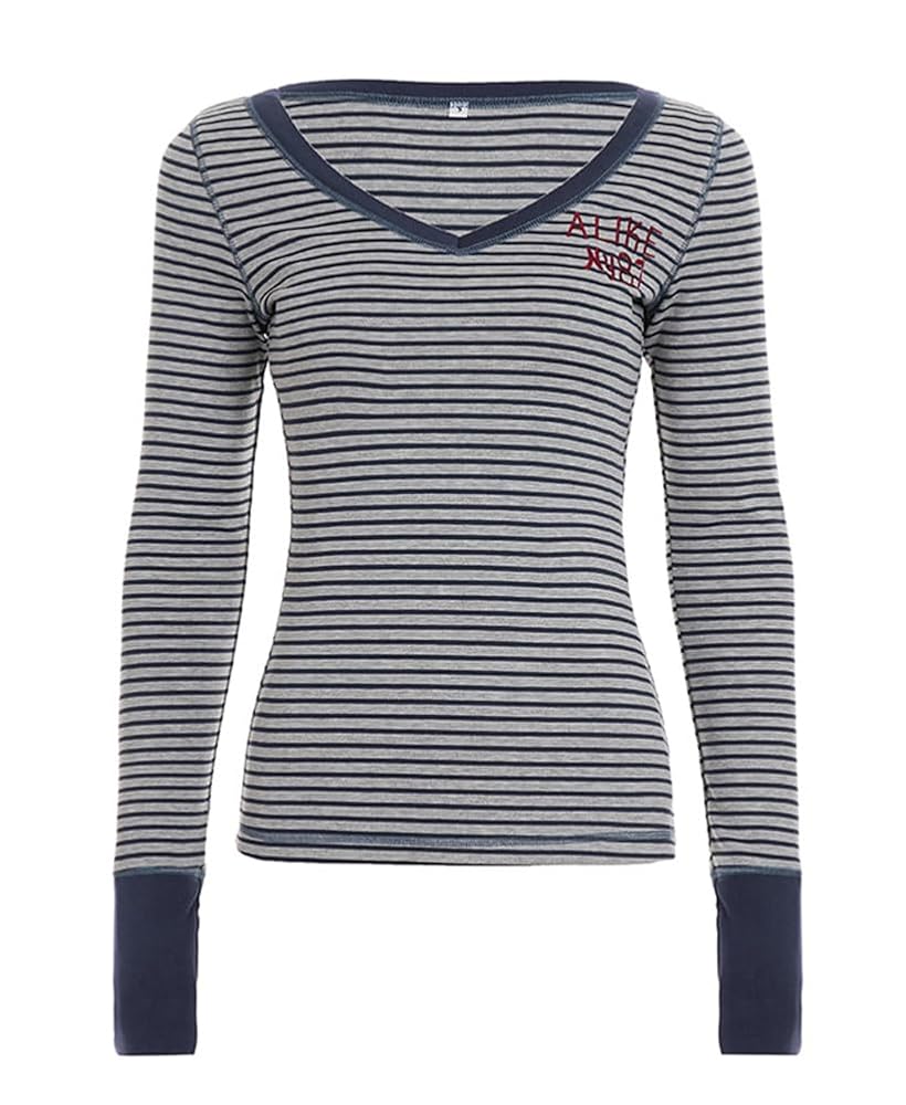 Woxlica Stripe Shirt Women y2k Grunge Tops Long Sleeve 90s